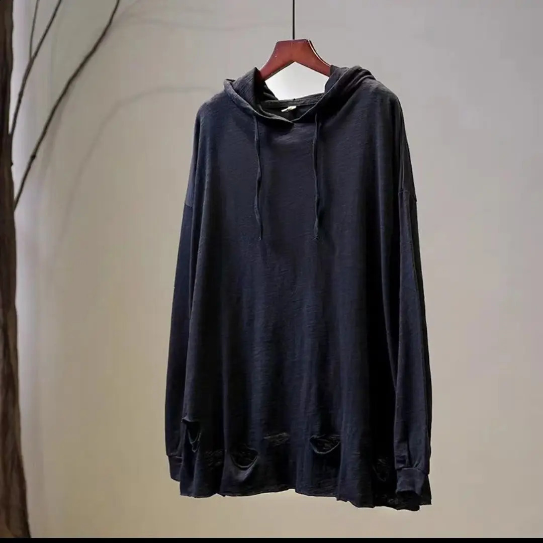 Summer Ripped Hole Men Long Sleeve Hooded Sweatshirts Fashion Simple Personality Casual Literary Loose T Shirts Top Daily Travel 240812