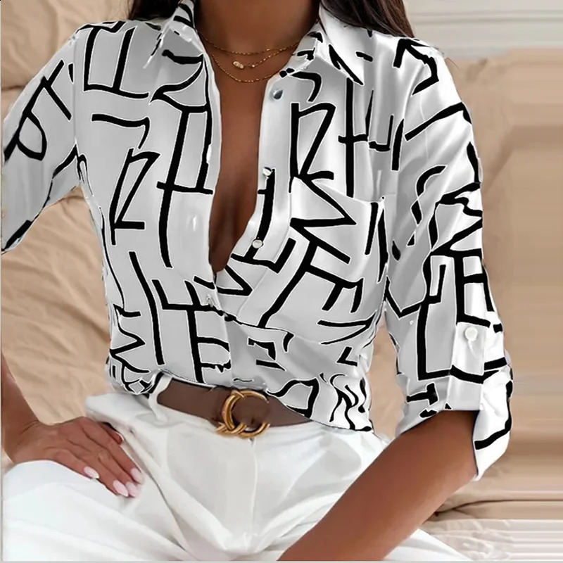 Women Spring Elegant Turn Down Colar Blouse Vintage Printing Slim Shirts Autumn Office Ladies Fashion Long Sleeve Tops 240813