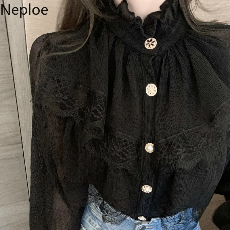Fashion Korean White Blouse Women Blusas Stand Neck Chiffon Shirts Long Sleeve Ruffles Lace Blouses Vintage Elegant Femme Tops 240812