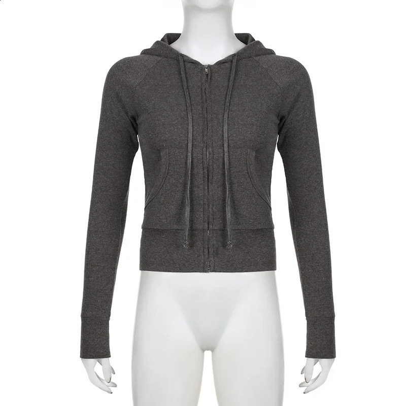 Y2k Aesthetic Vintage Zipper Hooded Hoodies Women Solid Color Long Sleeve Grunge Ribbed Sweatshirt Harajuku Casual Pullovers 240812
