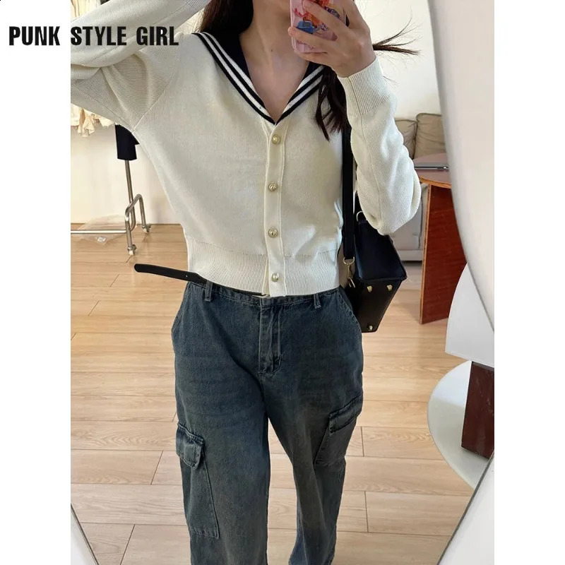 Sailor Collar Vintage Women Cardigan Preppy Style Basic Sweater Korean Spring Knitwear White Jumper Japanese Aesthetic Tops 240812