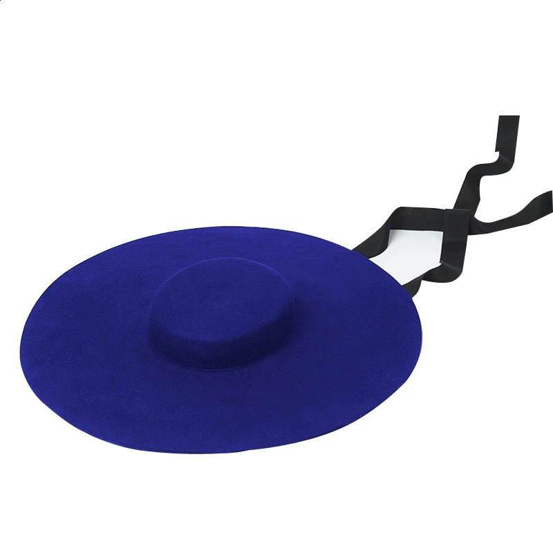 Damai King Wide Big Brim Wool Plain Black Womens Fedora Stage Show Felt Hat Winter Bandage Fashion Outdoor Top 240812