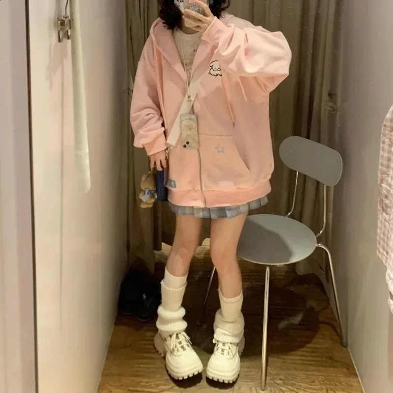 Kawaii Zip Up Womens Hoodie Pink Harajuku Cutecore Hooded Oversized Sweatshirts Korean Fleece Long Sleeve Girly Tops 240812