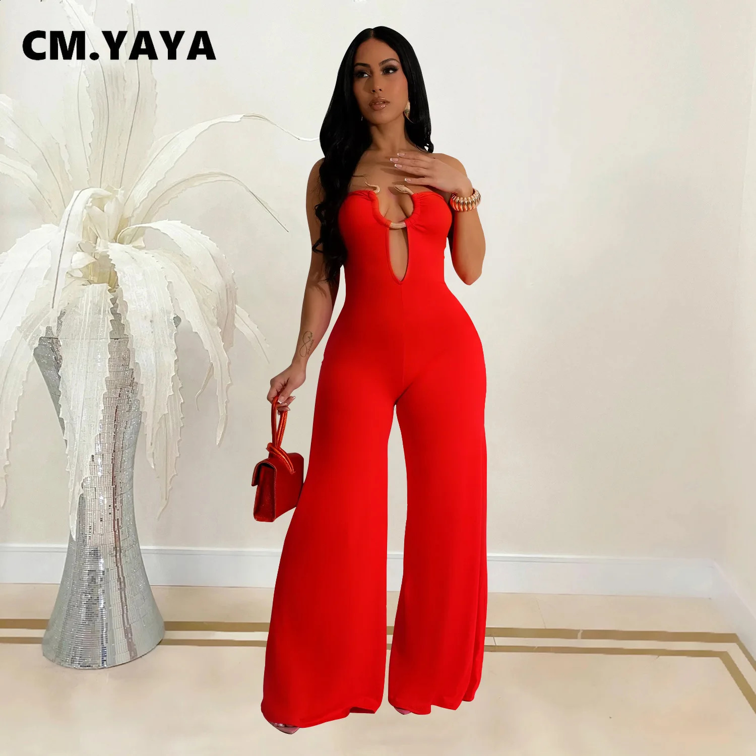 CM.YAYA Women Wide Leg Deep V-Neck Sleeveless Jumpsuits 2024 Summer Hollow Out Night Street Club Playsuit One Piece Suit Romper 240813