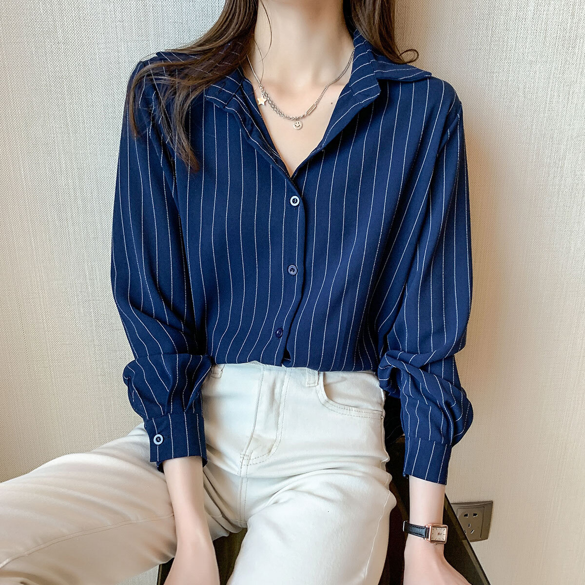 Striped long sleeved chiffon for women s spring and autumn new style top base small shirt white fashionable versatile loose shirt