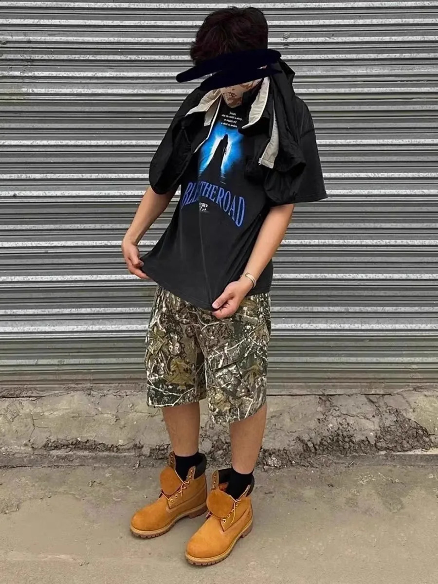 summer Harajuku hiphop camouflage retro oversized denim shorts fashionable mens straight leg wide jeans 240812