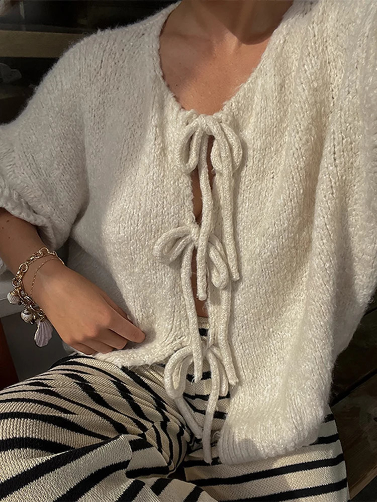 Lace bow womens sweater fashion lapel Oneck loose knitted cardigan autumn street casual 240812