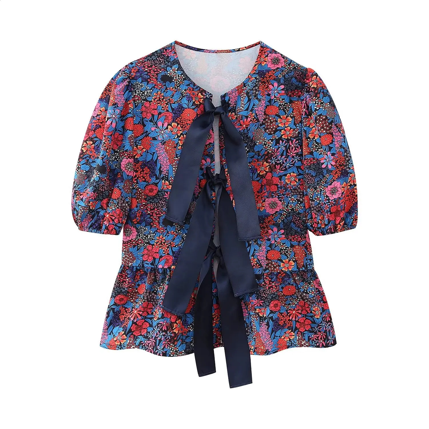 TELLHONEY Women Fashion O-Neck Bow Decoration Tops With Button Pants Femal Casual Print Two Piece Set 240813