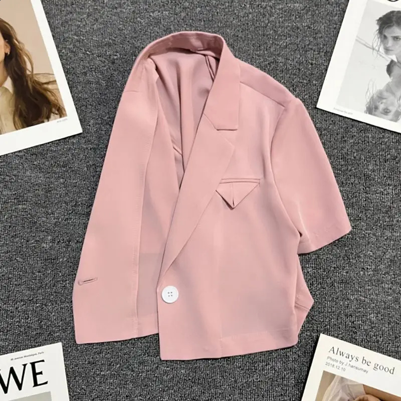 Korean Fashion Versatile Summer Womens Notched Solid Single Button Simplicity Office Lady Loose Short Sleeve Blazers Tops 240812