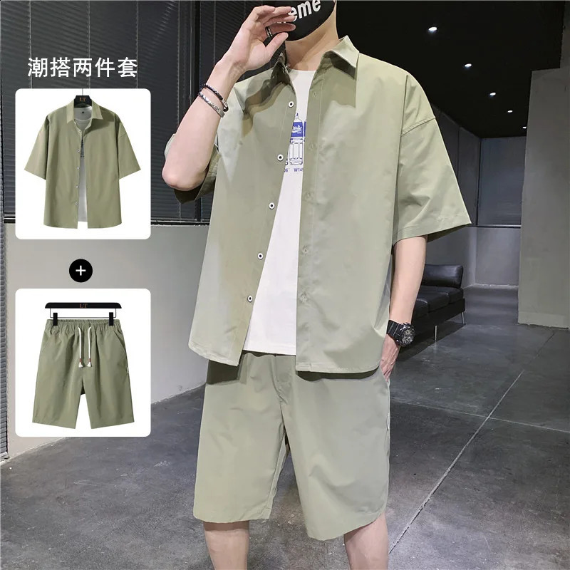 Japanese and Korean style short sleeved five point twopiece fashion summer young mens clothing 240812