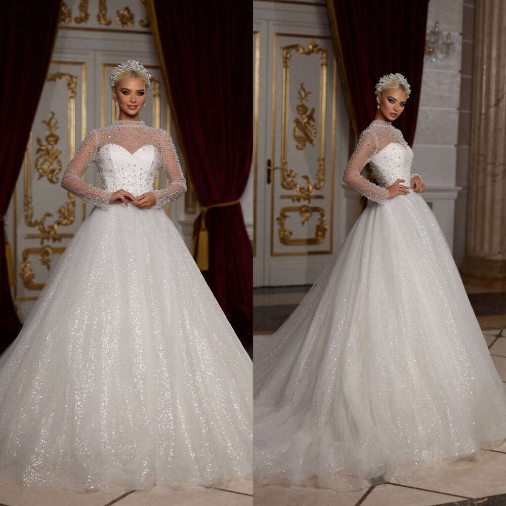Princess A-Line Gown Wedding Dresses Pearls Sequins Lace High-Neck Bridal Gowns Plus Vestidos De Novia Custom Size Colour