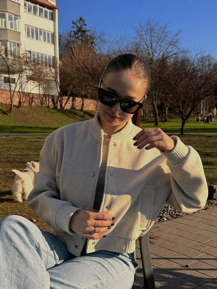 SIYANG Tweed Bomber Jackets for Women Spring Stand Collar Chic Coats Female Solid with Pockets Casual Jacket Outerwear 240812