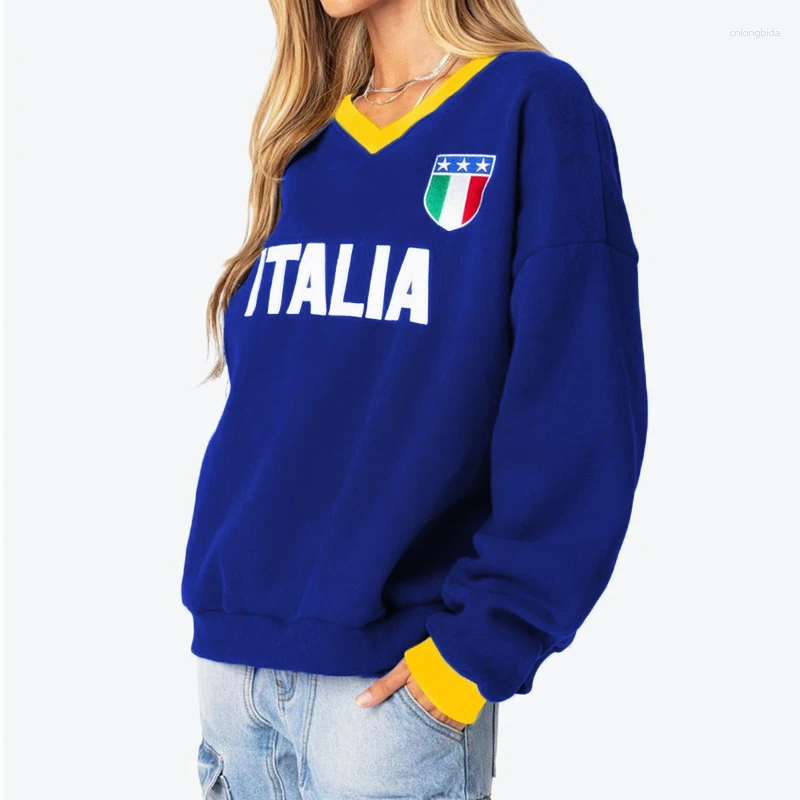 Women's Hoodies 2024 Italia Print Casual Retro Long Sleeve Blue Sweater Super Fire All-match Small Fresh Style Sweet Sweatshirt