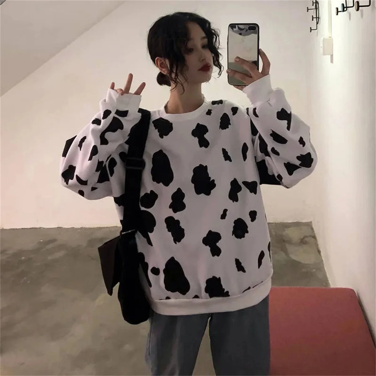 Cute Autumn Cow Milk Printed Pullover Women sweatshirt Female Fashion Loose hoodie sweatshirts O-neck Hoodie Females 240813