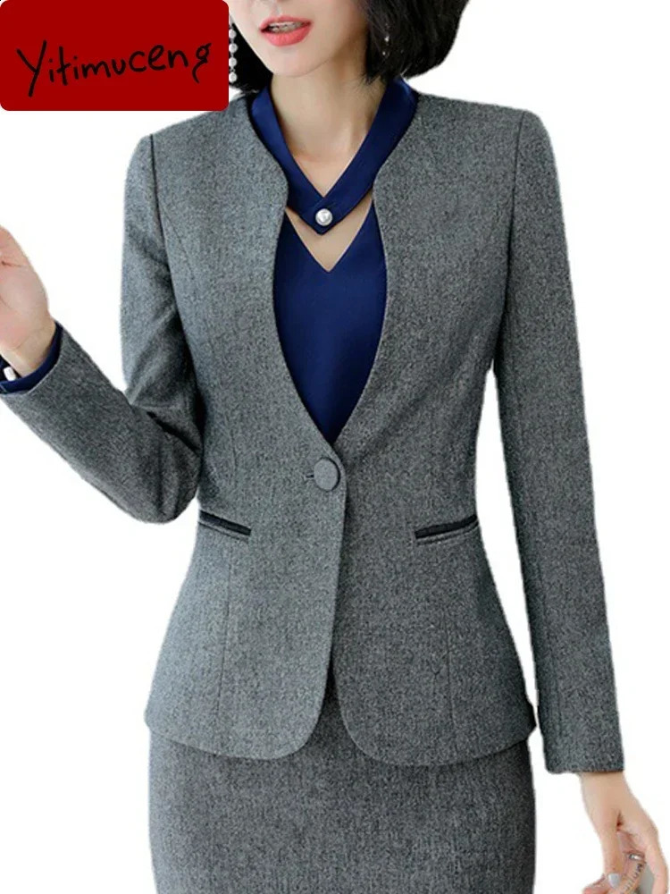 Yitimuceng Elegant Office Womens Two Piece Set Single Button Collar Jacket Unique Pencil Pants 240812