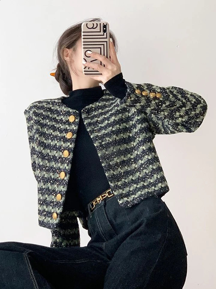 Zoki Retro Green Striped Tweed Jackets Women Elegant Slim Long Sleeve Short Coats High Quality Casual Korean Vintage O Neck Tops 240812