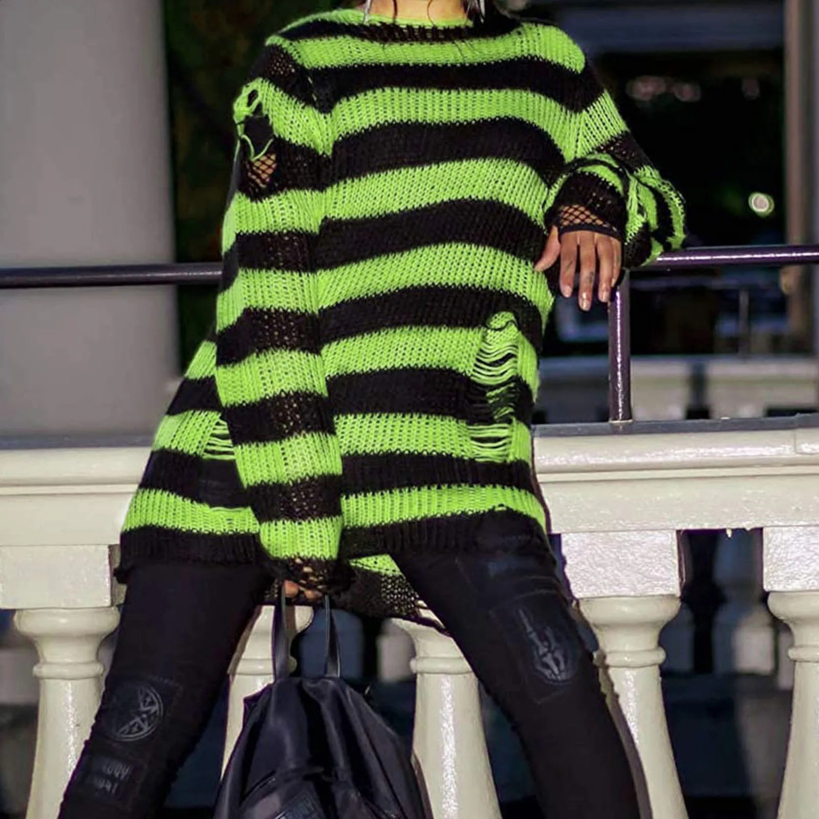 Women Ripped Hollow Out Oversized Sweater Streetwear Punk Grunge Striped Pullover Crochet Gothic Lightweight O-Neck Jumper 240812