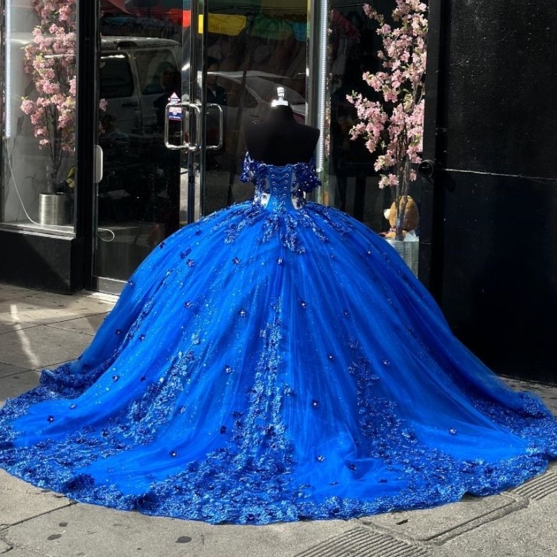 Royal Blue Shiny Quinceanera Dresses Ball Applique Beads Tull Birthday Party Lace Up Graduation Gown Sweetheart de 15 anos