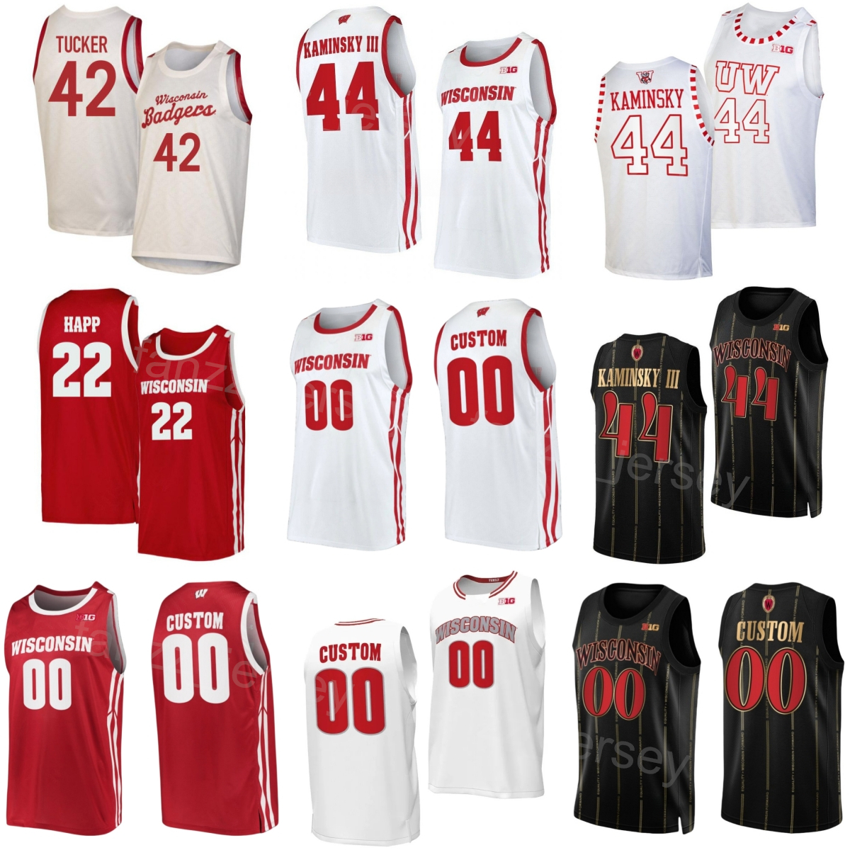 Printed Wisconsin Badgers 42 Alando Tucker Jersey College Basketball 22 Ethan Happ 10 Nigel Hayes 24 Bronson Koenig 44 Frank Kaminsky 1 Ben Brust Men Women Kids