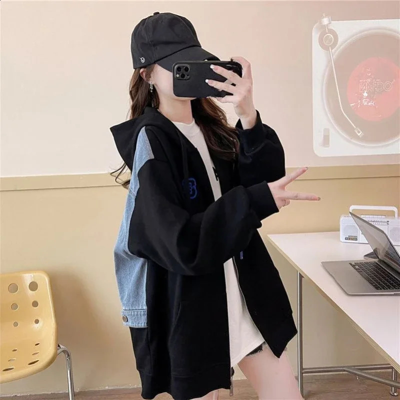 With Zipper Baggy Black Woman Clothing Full Zip Up Hooded Grey Long Splicing Hoodies Womens Sweatshirt Top Loose Matching Kpop 240812