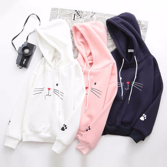 Cat face Korean version BF style Harajuku cat embroidery long sleeved hooded sweatshirt for female students thick and thickened jacket 14acf