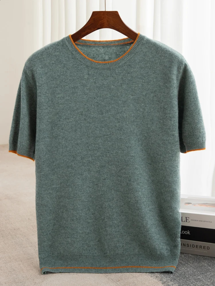 100% Merino wool short sleeved mens round neck floral vest spring and summer solid color knitted half sweater top 240812