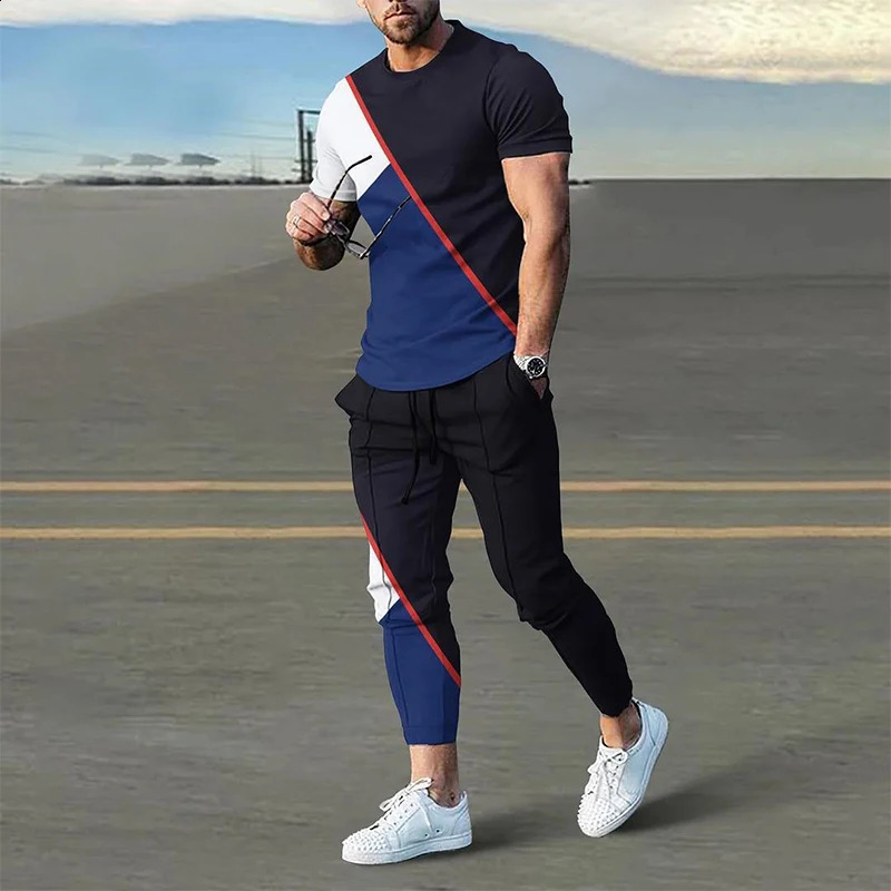 Summer Male Loose Casual Printing T-shirt Elastic Waist Pants Set Men Short Sleeve Street Style Pullover Tee Sweatpants Homme 240813