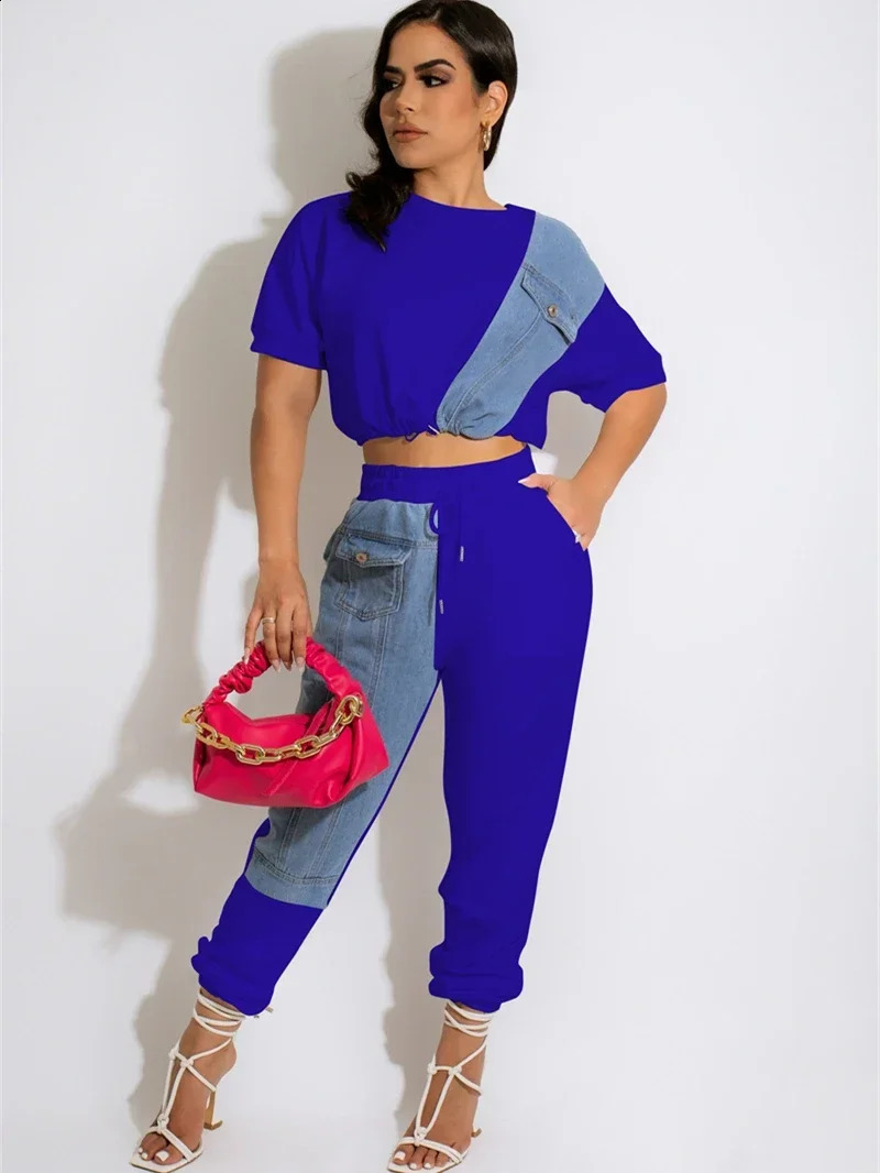 Denim Patchwork Tracksuit Women Two 2 Piece Set Oufits Sweatsuit Summer Clothes Fashion Tee Jogger Long Pants Suit Matching Set 240813
