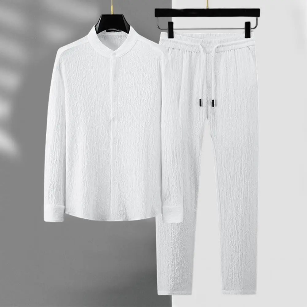Two Piece Set Autumn Men Top Pants Pleated Solid Color Stand Collar Single Breasted Relaxed Fit Shirt Trousers Streetwear 240813