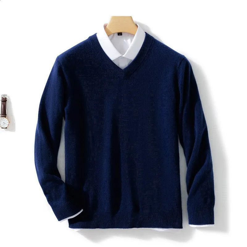 Wool Cashmere Sweater Mens V-neck Knitted Pullover Autumn Winter Sweater Casual Classic Warm Bottoming Shirt Jumpers Plus Size 240812