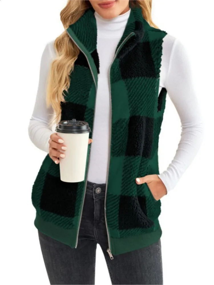 Autumn Winter Plaid Fleece Hoodie Vest Womens Cardigan Fashion Stand Collar Simple Casual Pocket Sleeveless Female Office Coat 240813