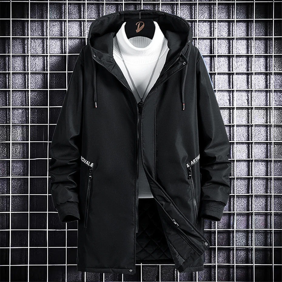 Long Cargo Jacket Men Plus Size 10XL Jackets Gradient Windbreak Spring Autumn Hooded Coat Male Black Windbreak Long Style 240812