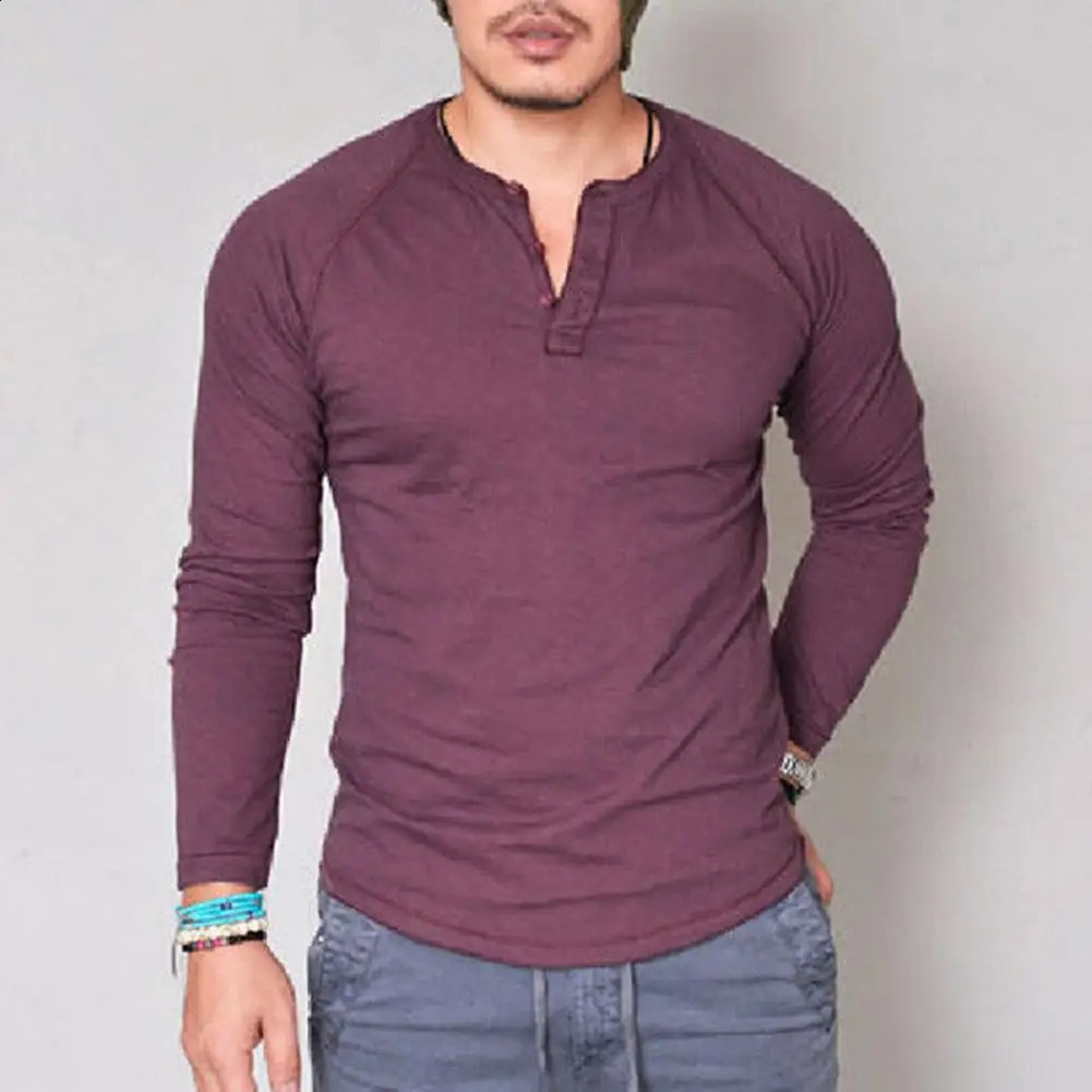 Long Sleeve Cotton Men T-shirt Round Neck Blouse Button Up Long Sleeved T-shirt Fashio Street Basic Casual Slim Fit T-shirt 240812