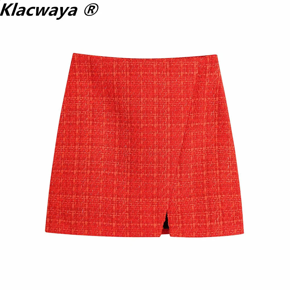 Klacwaya Womens Fashion Two Piece Set Retro Printed Lining Coarse Felt Jacket Front Seam Mini Tight Dress 240812