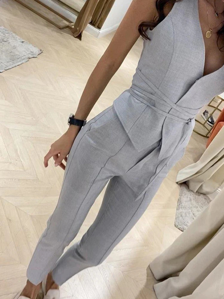 Summer Solid Color Tank Top and Pants Set Temperament Waist Closing Sexy Tank Top and Pencil Pants Womens Two Piece Set 240813