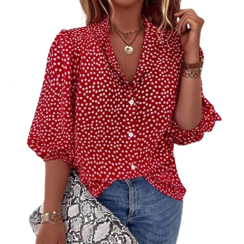 2024 polka dot mid sleeve lapel button women's oversized loose casual shirt
