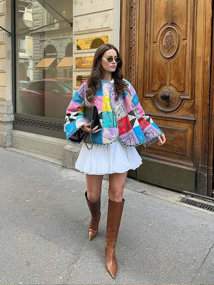 2024 Floral Printed Cotton Jacket For Women Long Sleeve Patchwork Contrasting Colors Causal Coat Autumn Winter Lady Outwears 240812