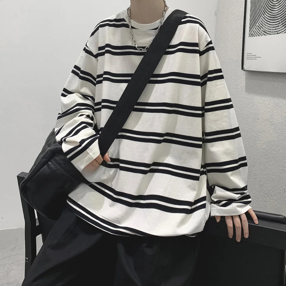 100% Cotton Loose Long Sleeve T-shirt Boys High School Students Hong Kong Style Striped Oversize Shirt 240812