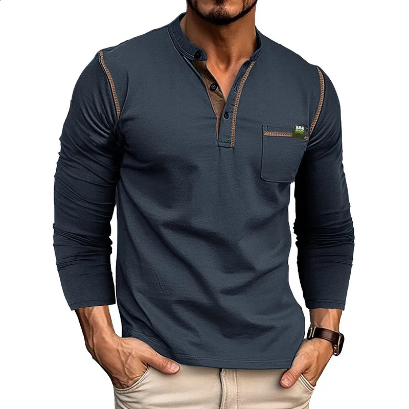 American Trend Fashion Spring Mens T-shirt O-neck Panelled Button Pocket Casual Versatile Patchwork Knitted Long Sleeve Top 240812