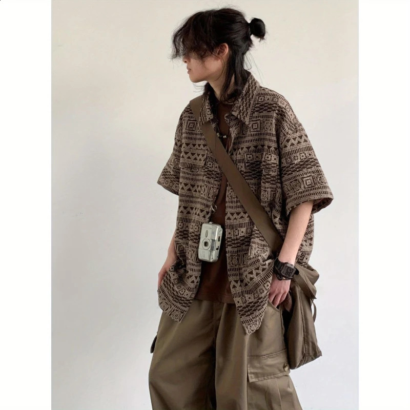 Summer Japanese Casual Set Mens Stripe Printing Loose Shirtbig Pocket Wide Leg Overalls Suit Street Harajuku Two-piece Set 240813