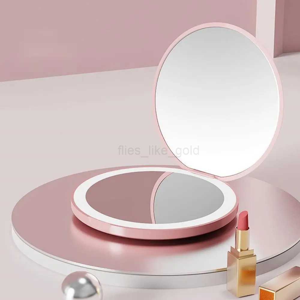 1 mini illuminated makeup mirror circular portable folding compact mirror with light USB handheld makeup magnifying glass W240813