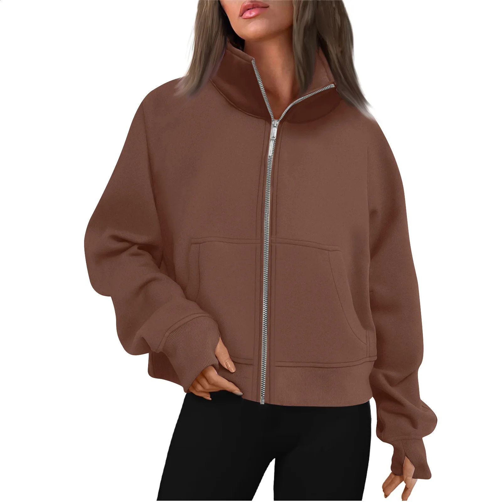 Autumn Winter Fashion Women Cotton Fleece Long Sleeves Thumb Hole Zipper Short Stand-Up Collar Thick Cardigan Sports Hoodie 240812