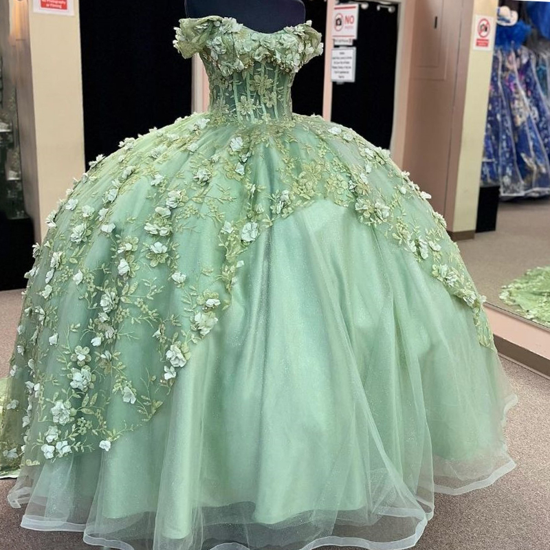 Sage Green Shiny Princess Quinceanera Dresses Ball Gown 2024 3D wer Applique Lace Tull Sweet 16 Dress Vestidos De 15 Anos