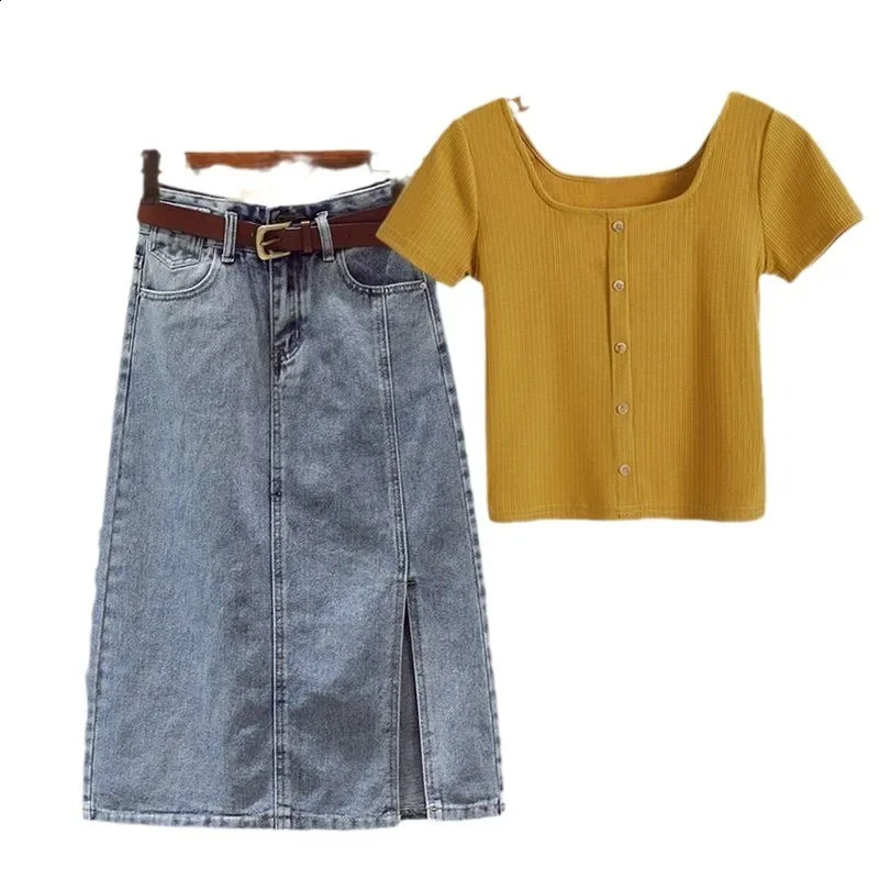 Summer Style Womens Denim Skirt Set Slimming Short Sleeves Top Belly Covering 2-piece Clothing For Women 240812