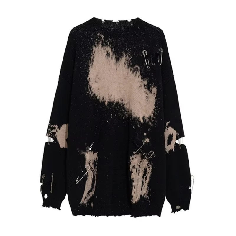 Men Women Harajuku Long Sleeve Tie-Dye Metal Pins Ripped Hole Knitwear Sweater L5YB 240812
