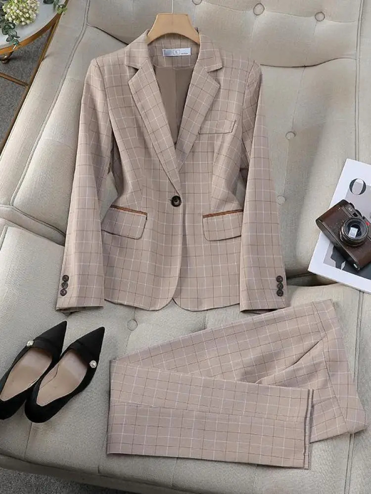 SpringAutumn Vintage Plain Elegant Jacket and High Waist Wide Leg Pants Two Piece Womens Set Business Clothes 240812