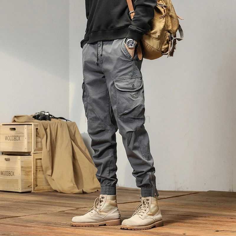 Spring Autumn Mens Clothing Solid Color Pockets Elastic High Waisted Sports Pants Bloomers Cargo Trousers England Style PantsXJ240813