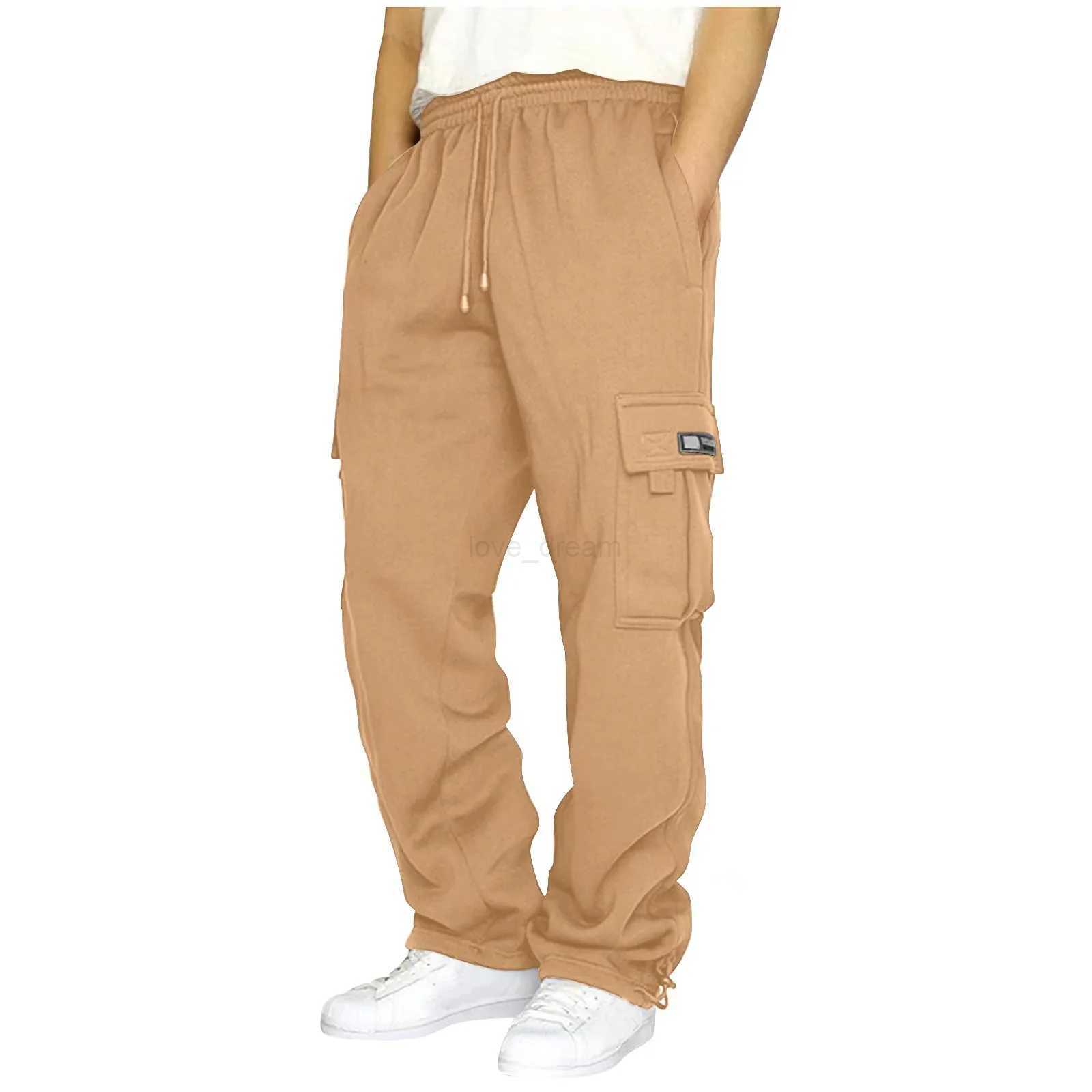 Spring Wool Sports Casual Pants Thick Mens Feet Multi-pocket Lanyard Loose Jogger Solid Color Overalls Men Out On The StreetXJ240813