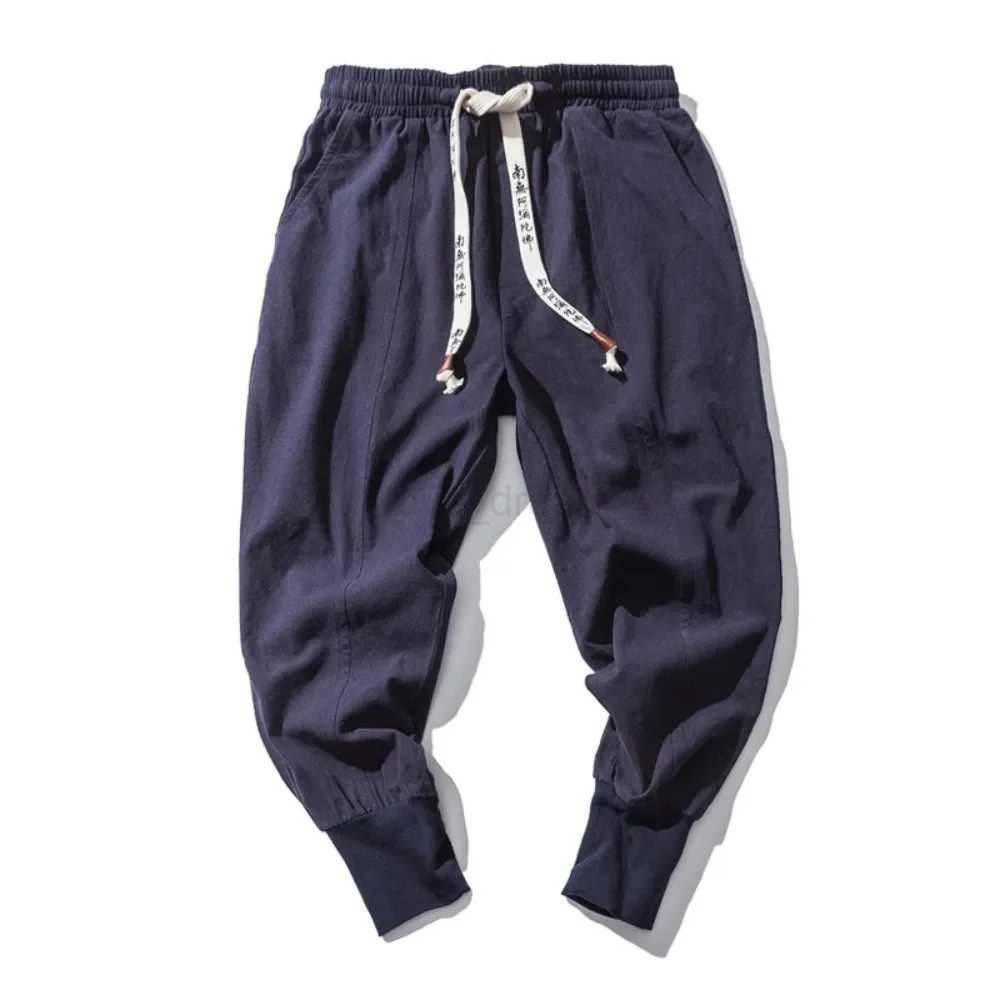 Cotton Linen Harem Pants Men Solid Elastic Waist Streetwear Joggers 2022 New Baggy Drop-crotch Pants Casual Trousers MenXJ240813