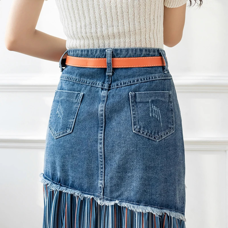 S-5XL Patchwork Pleated Jeans Skirts Women High Waist Ripped Skirts Vintage Elegant Korean Fashion Denim Skirts Big Size KS10294 240812